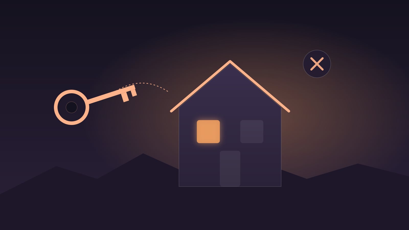 A key drifting towards a house on a dusk hillside, with a cross mark beside it