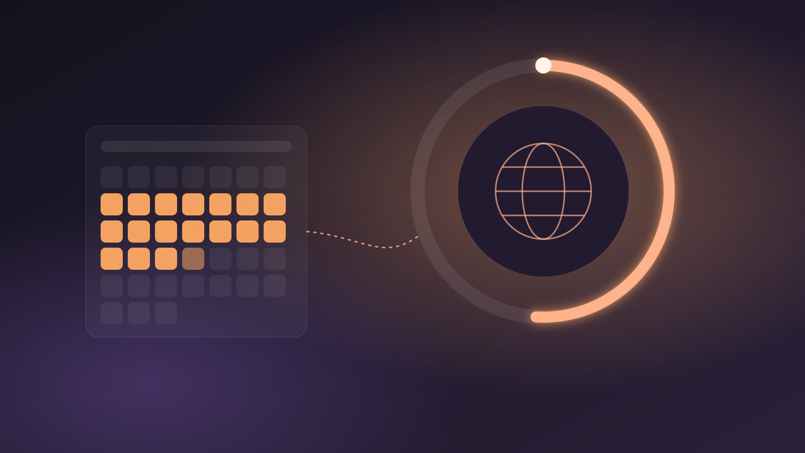 A calendar with most days filled in beside a glowing ring around a globe